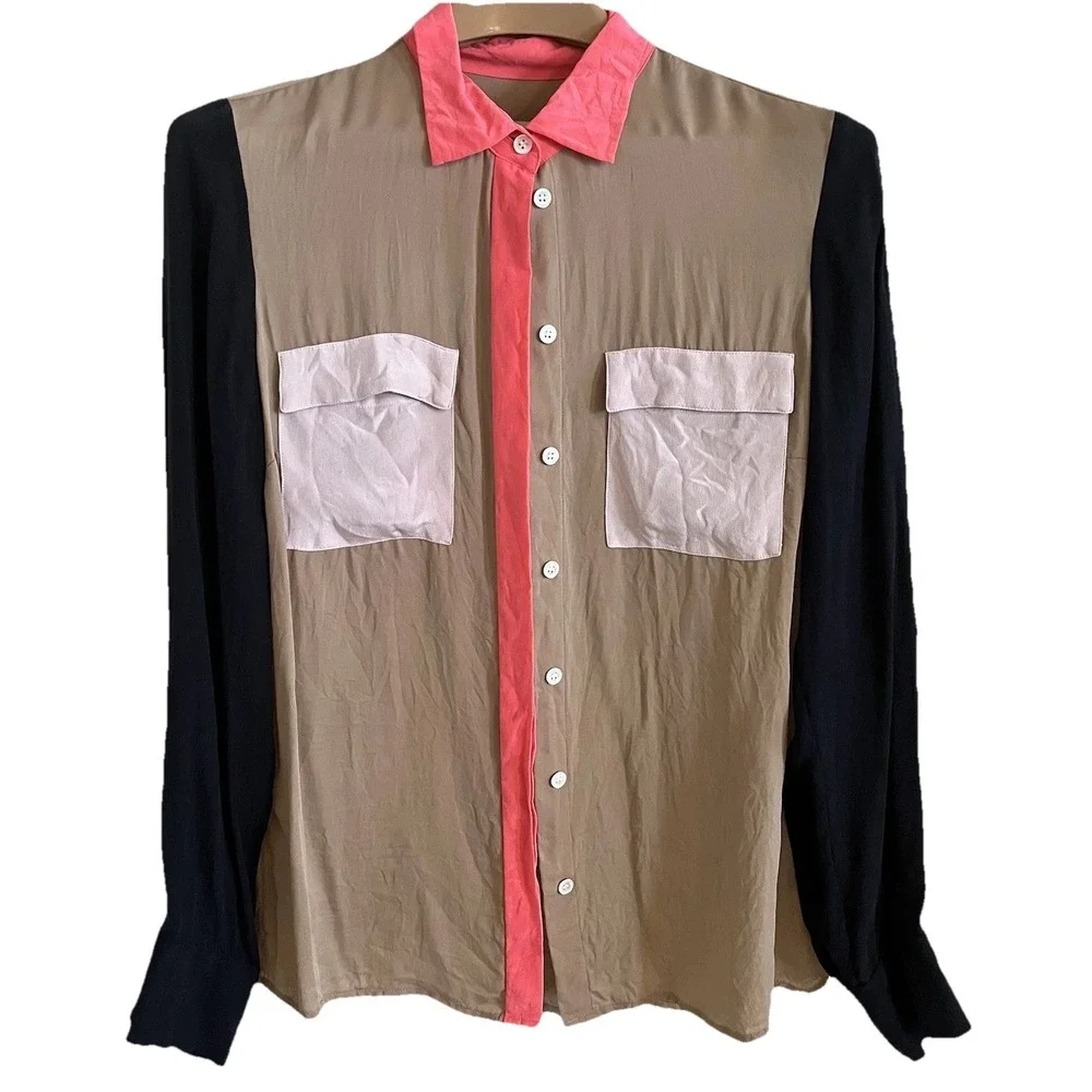 J. Crew Y2k Silk Blouse Womens‎ 6 Colorblock Button Up Elevated Basic